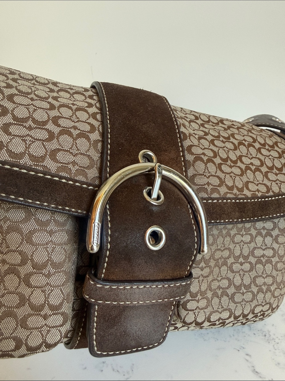Vintage Coach Monogram Canvas With Brown Suede Soho Flap Signature Shoulder Bag - Picture 6 of 15